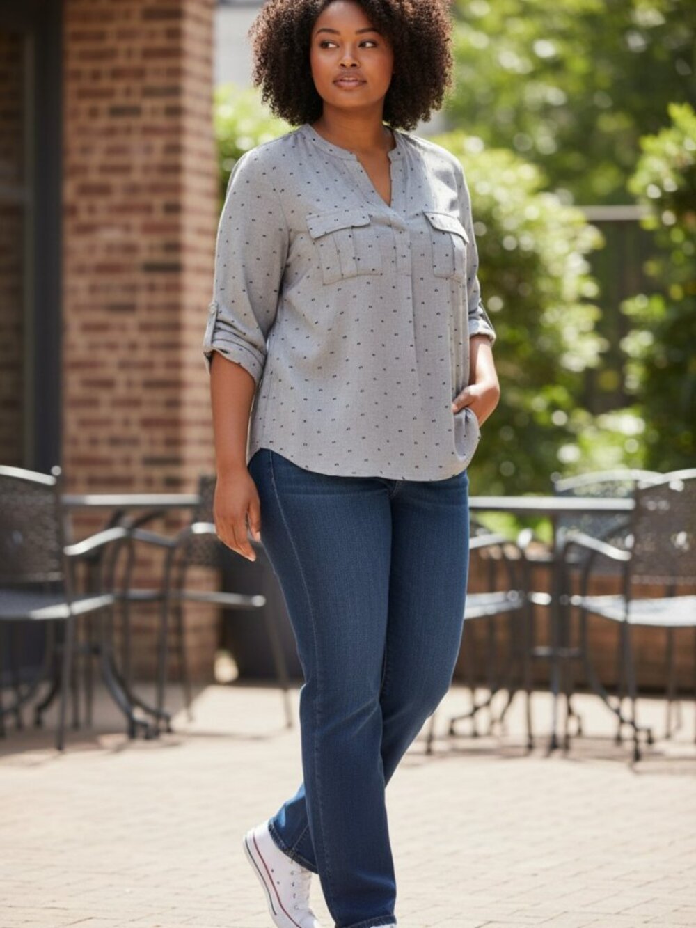 CJ Banks Grey Tunic top with roll up sleeves 2X
